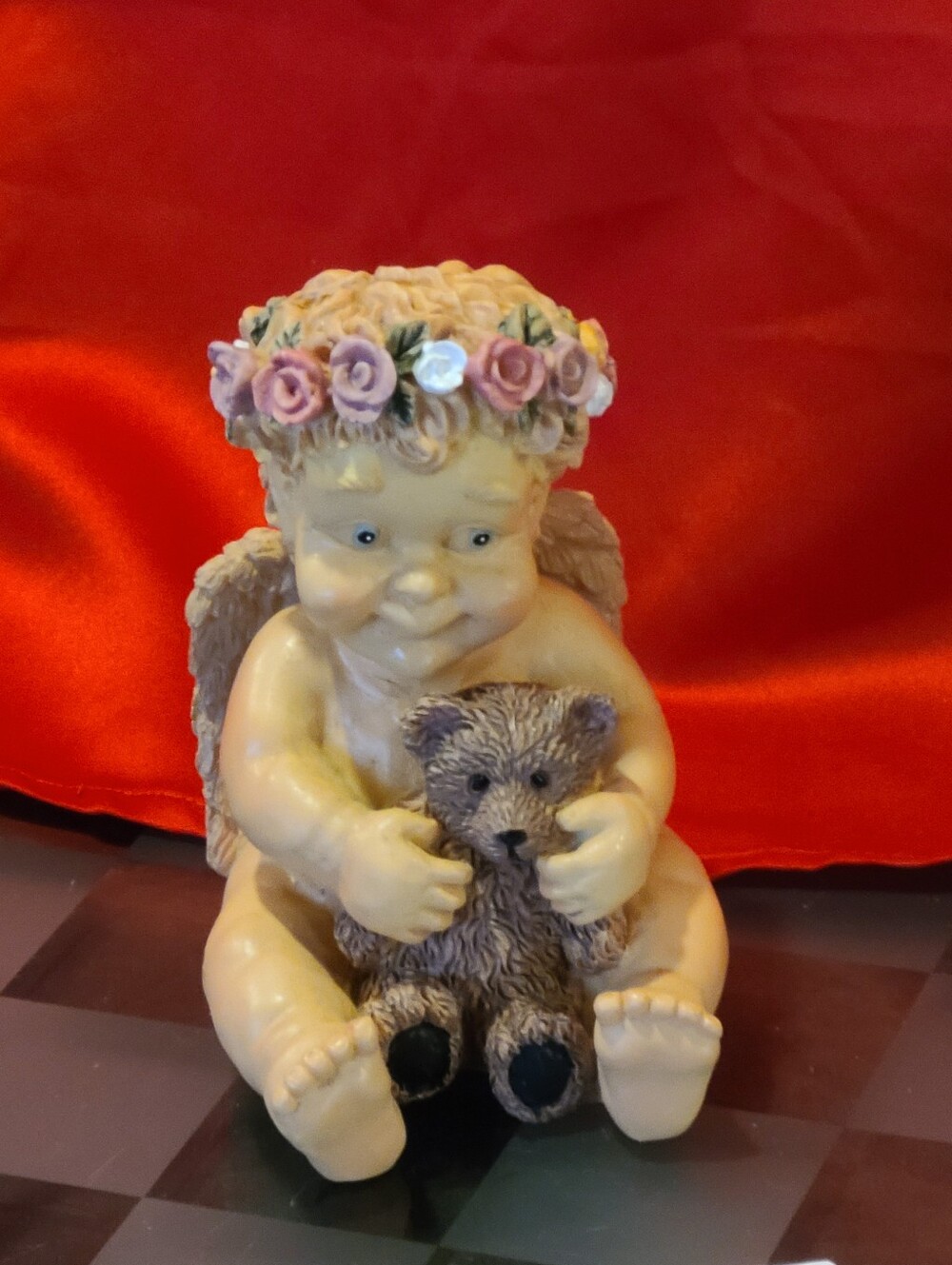 Ceramic Cherub Figurine with Floral Crown and Teddy Bear